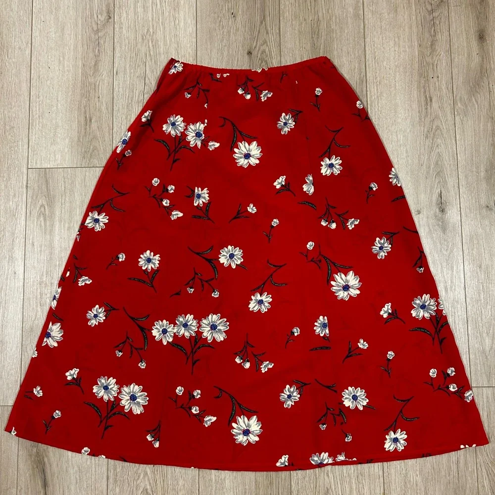 Kathy Ireland Vintage Red Floral Daisy Midi Skirt Womens Large 90s A-Line‎ 30